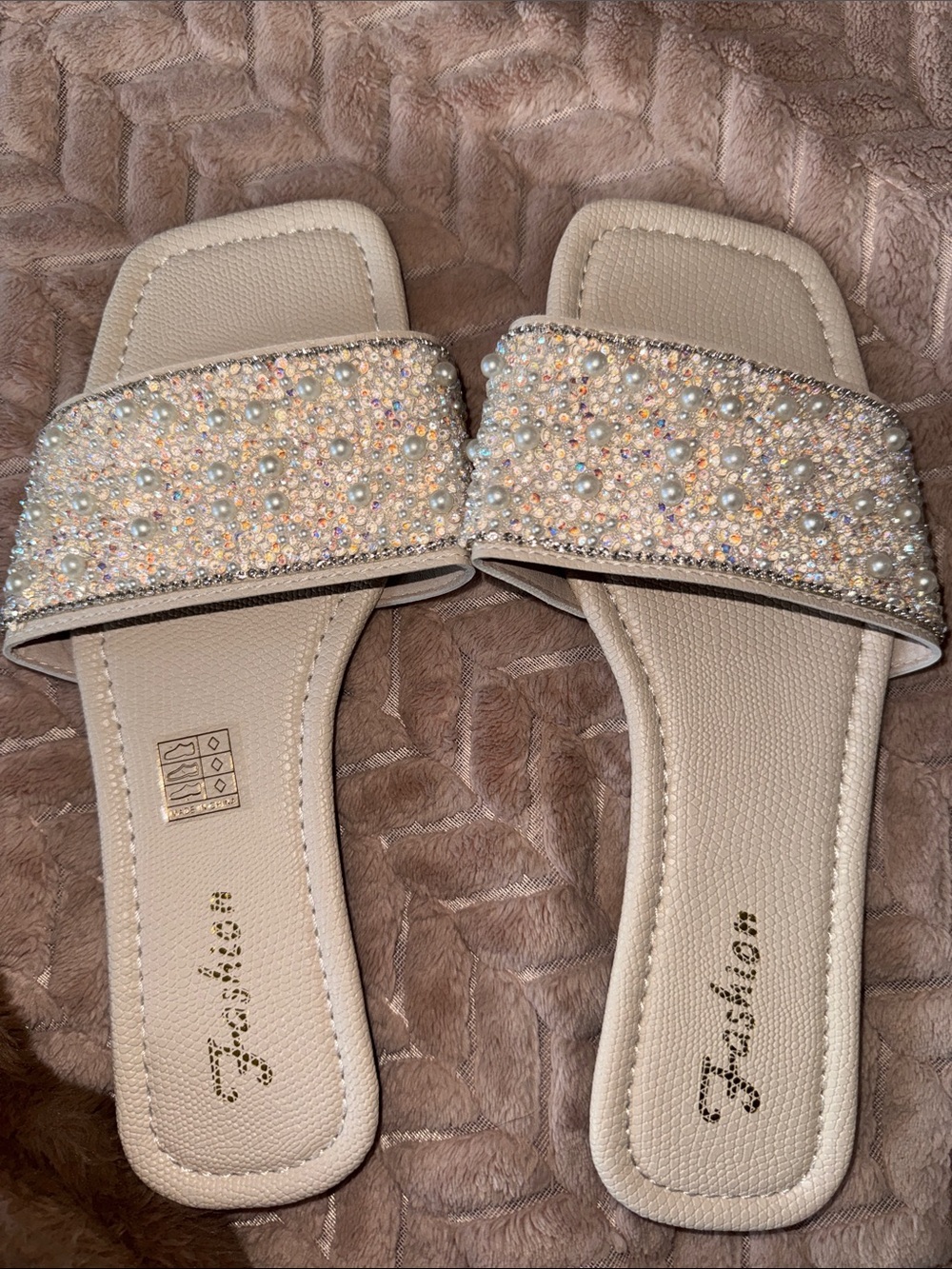 Pearl-Embellished Cream Slide Sandals